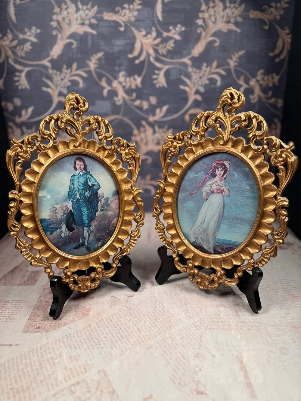 Vintage Pinky & Blue Boy Convex Print Pair Ornate Gold Tone Resin Frames